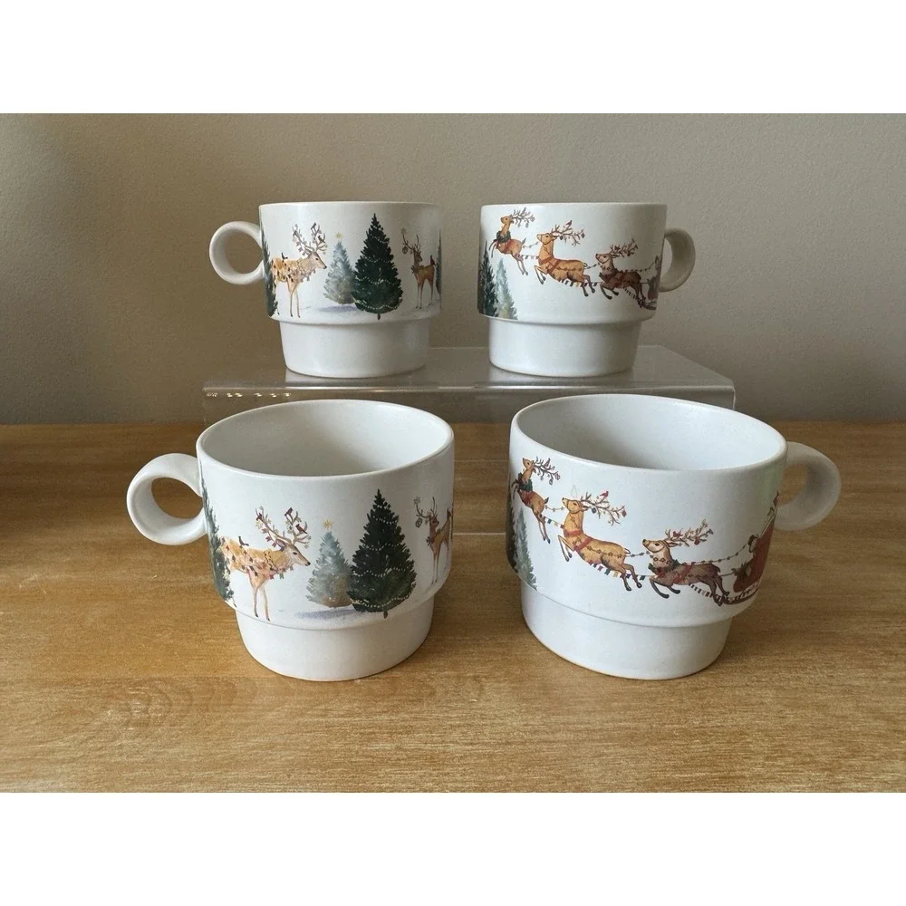 2023 Pottery Barn Christmas in the Country Stacking 4Mugs Holiday Stoneware